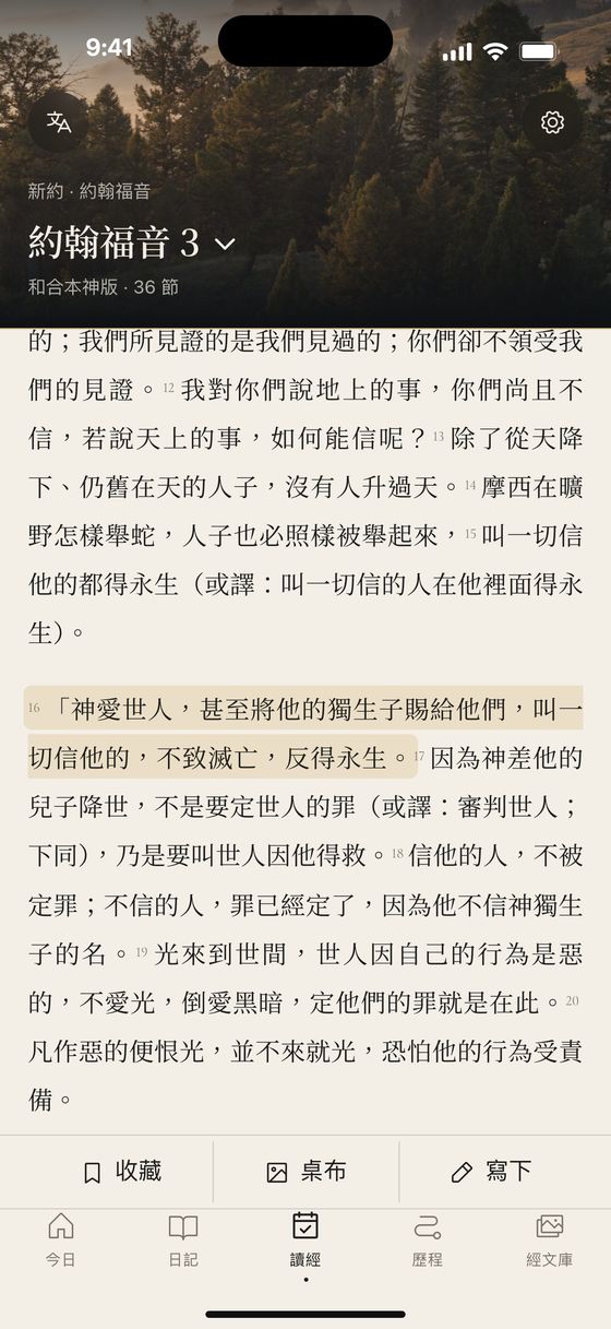 讀經畫面：選了約翰福音 3:16，下方是收藏、桌布、寫下